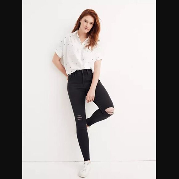 MADEWELL 9" High Rise Skinny Distressed Knee Raw Hem Black Jeans H2230 Size 25 - Picture 1 of 12